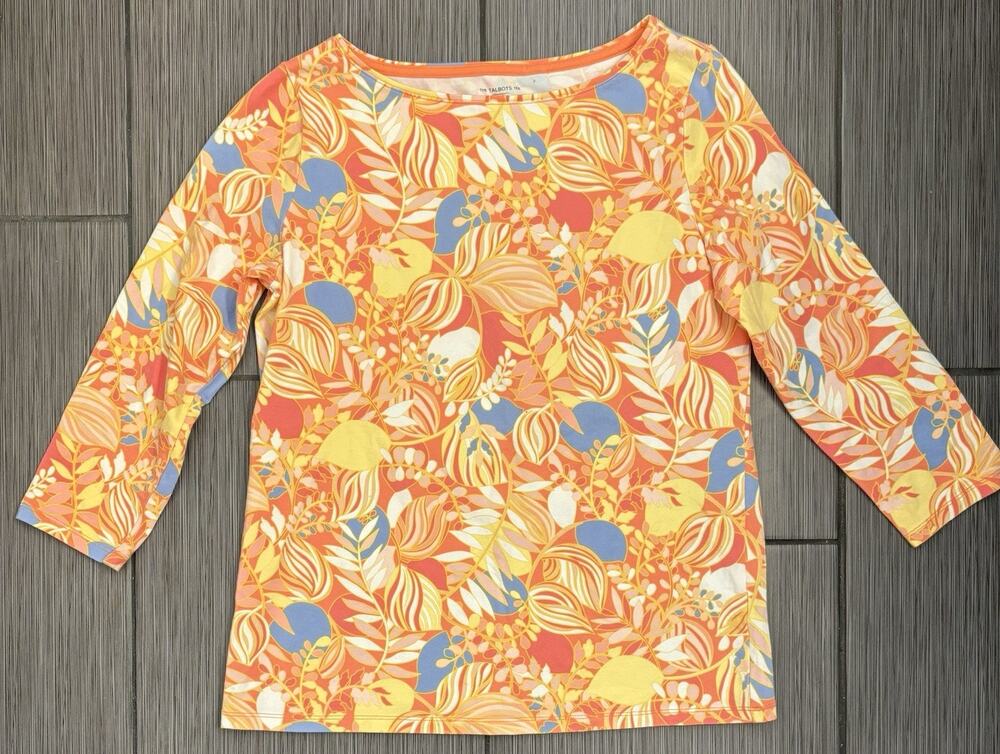 Talbots Orange Floral 3/4 Sleeve Cotton Shirt Size Medium Boat Neck